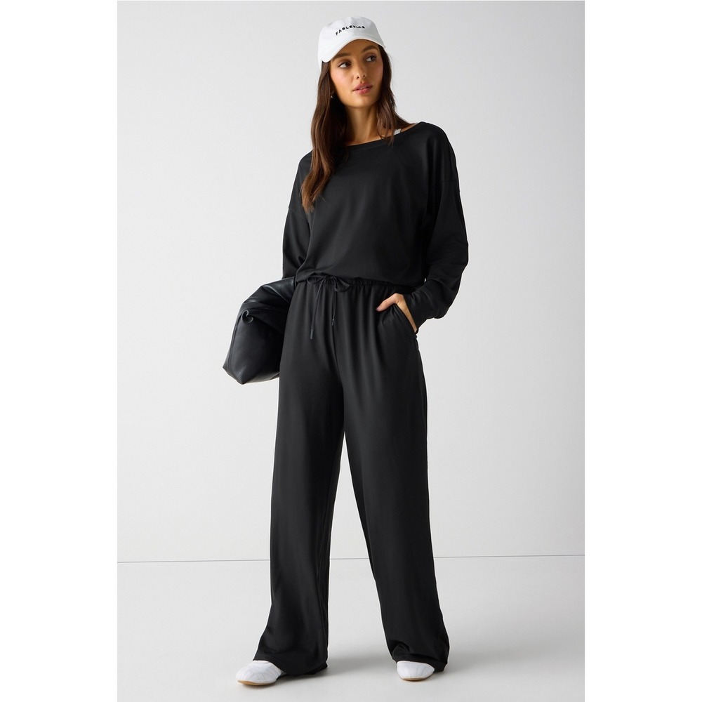 Fabletics Jumpsuit Cozy Fleece M Black Off Shoulder Wide Leg Jumper Athleisure